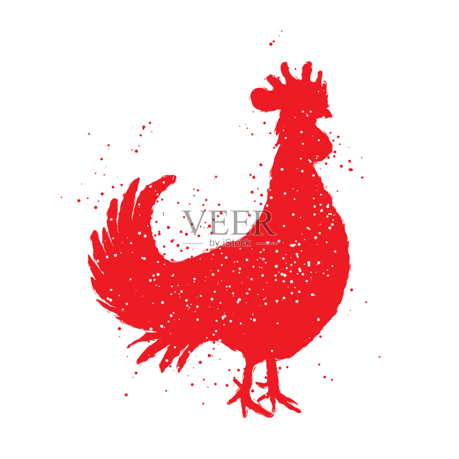 公鸡标签。复古风格矢量插图。仿中国书法公鸡剪影。水墨画，墨或印墨发纹在鸡鸡的边缘用墨喷溅。插画图片素材