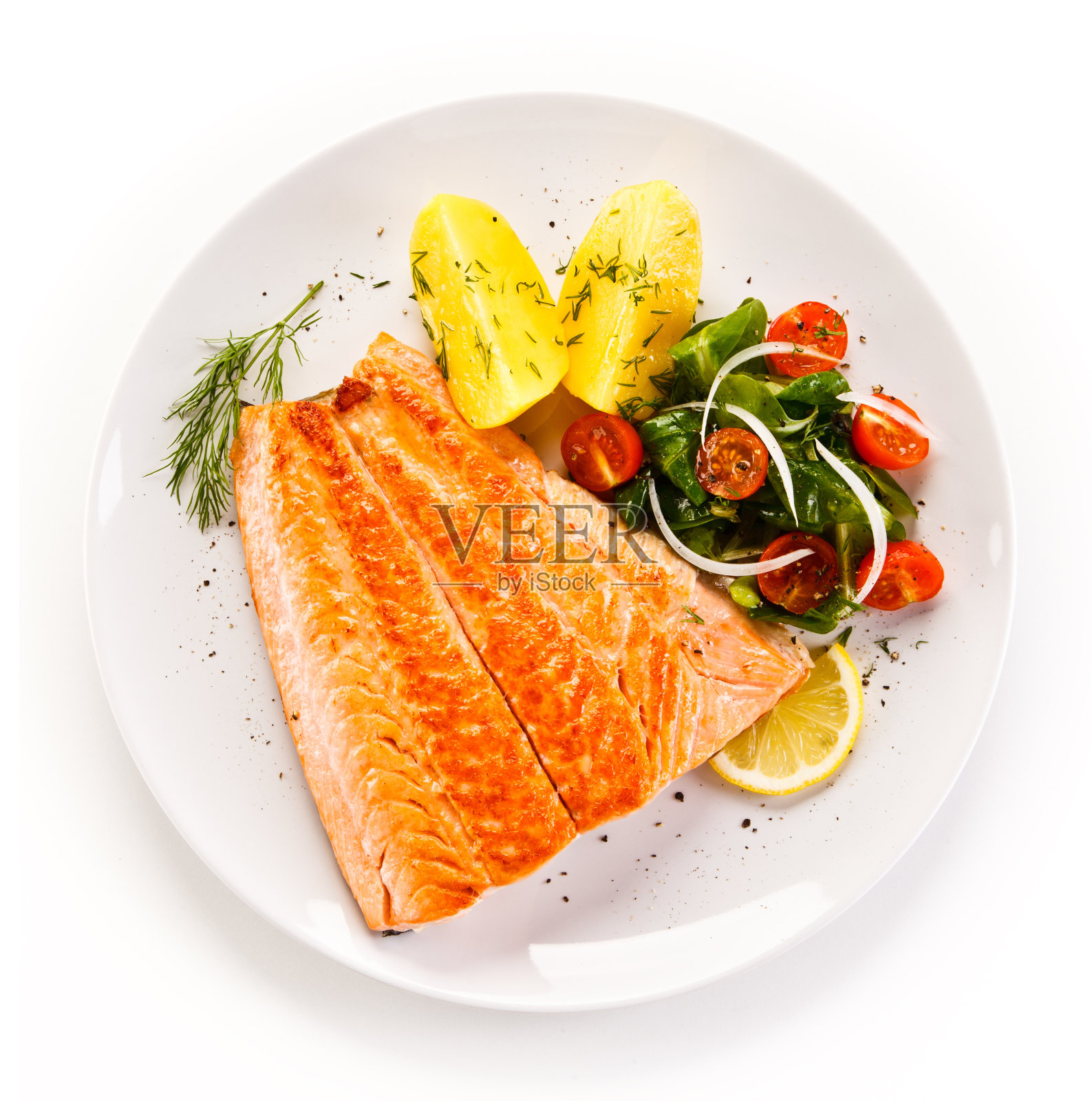 鱼菜-鲑鱼排和蔬菜照片摄影图片