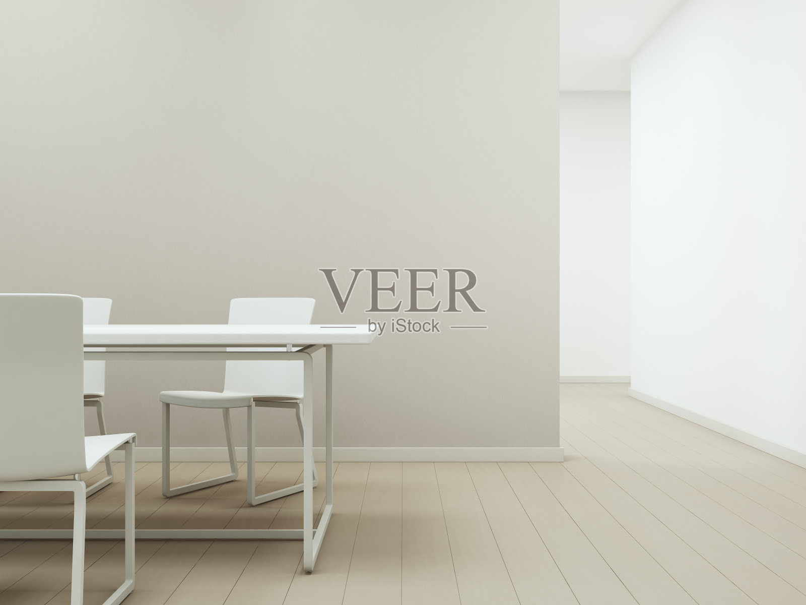 白色桌椅木地板与空米色混凝土墙背景，现代住宅明亮房间的会议或用餐区插画图片素材