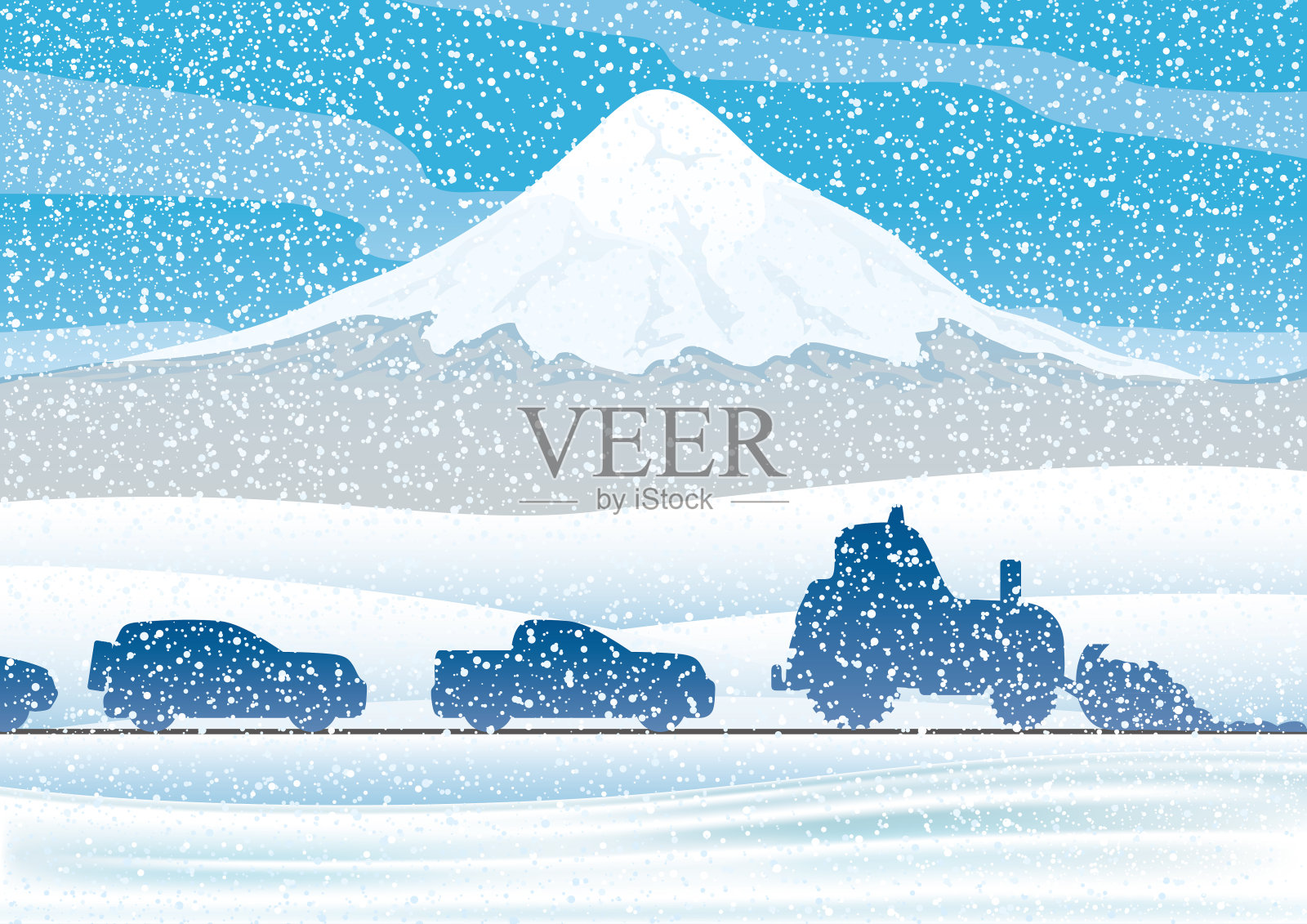 拖拉机和汽车在冬季的道路上行驶。插画图片素材