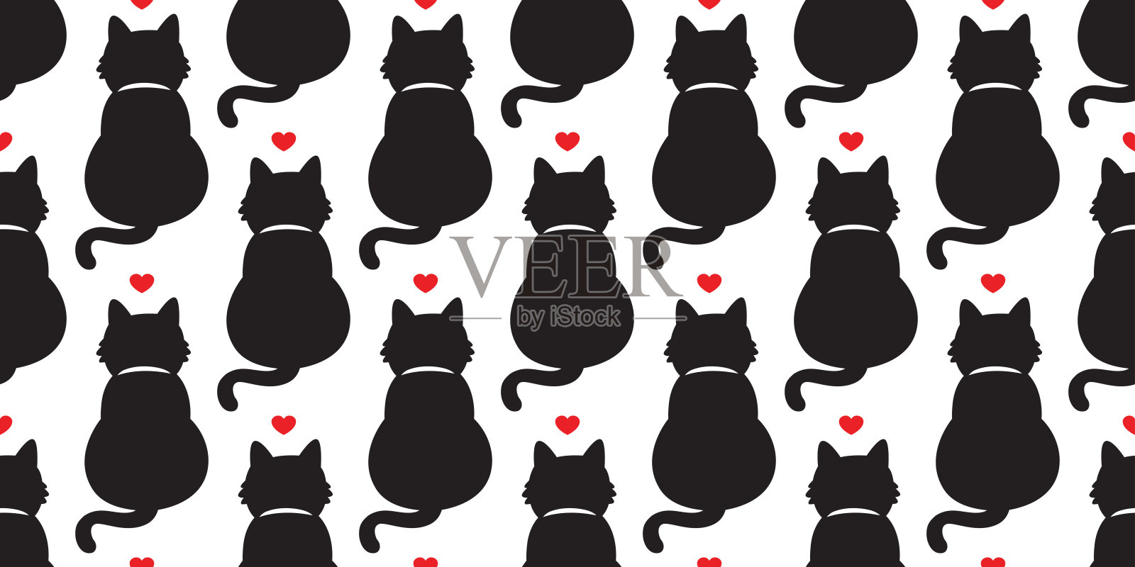 黑猫矢量无缝图案心形图标小猫情人节涂鸦孤立壁纸背景插画图片素材