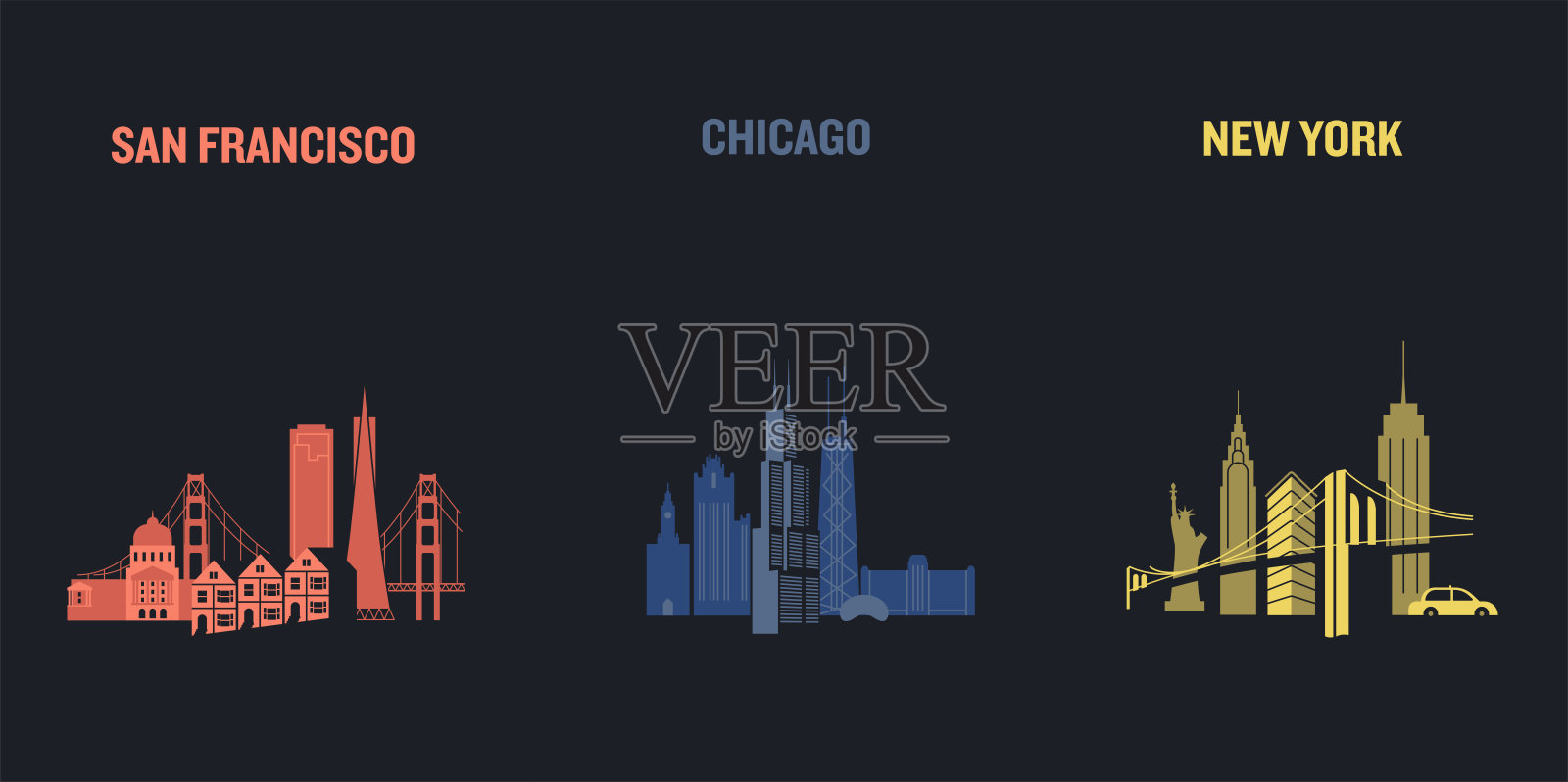 三美国城市的天际线插图，旧金山，芝加哥和纽约。平面向量的设计。插画图片素材
