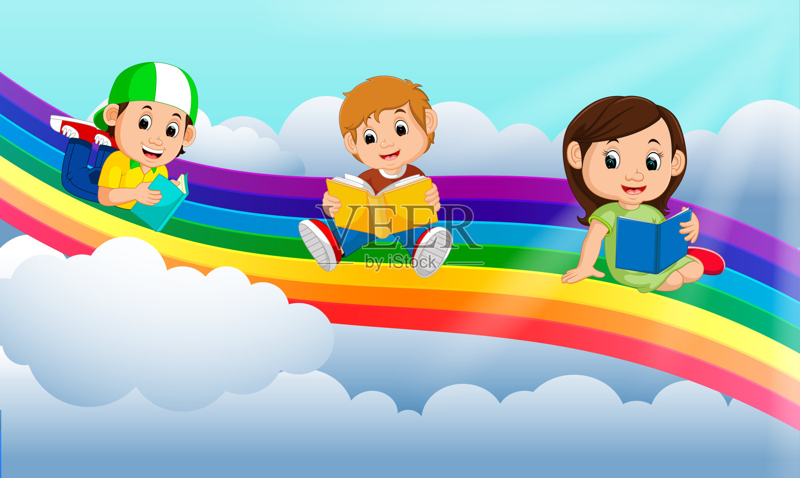 快乐的孩子在彩虹上读书插画图片素材