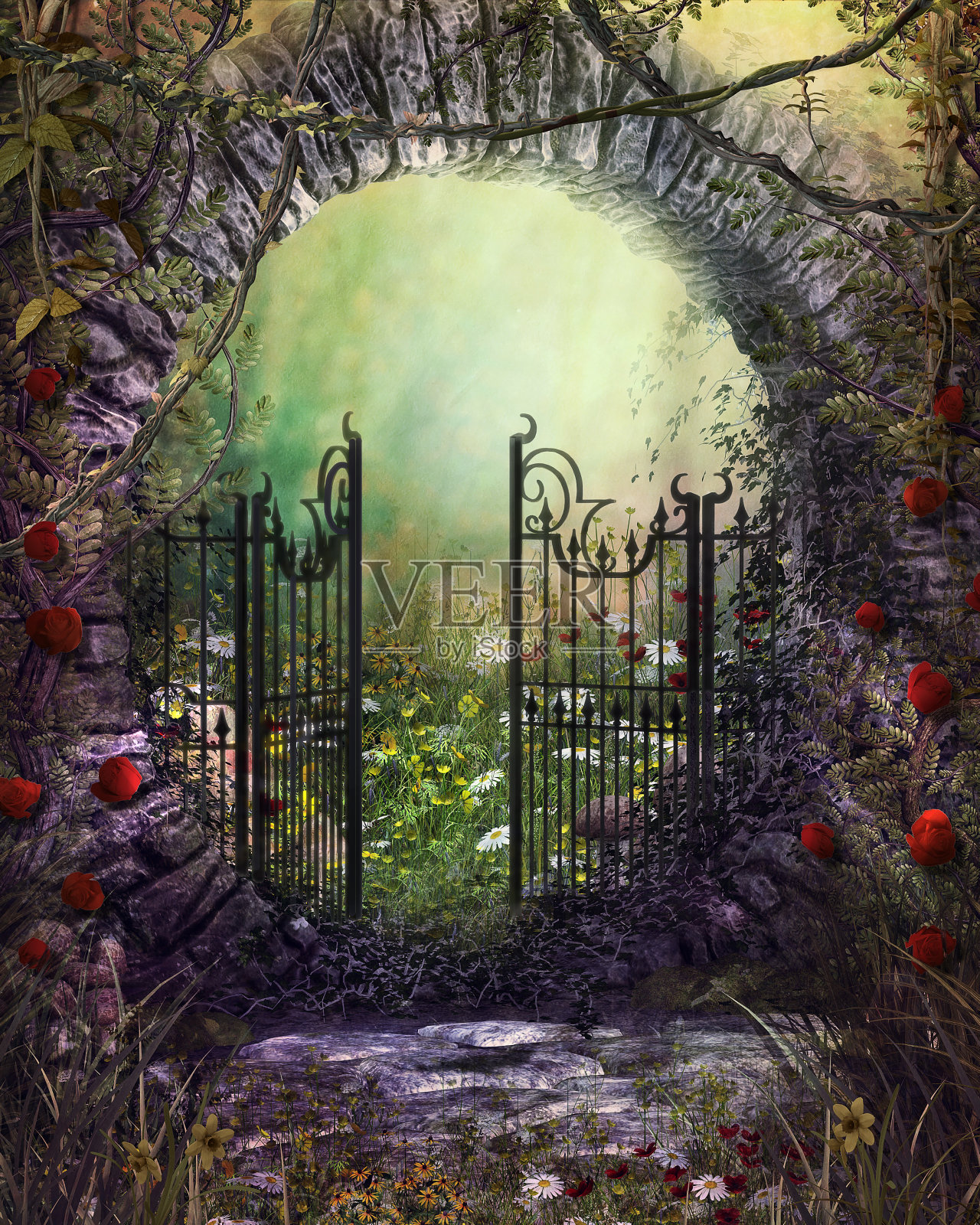 迷人的老花园门与常春藤和鲜花插画图片素材
