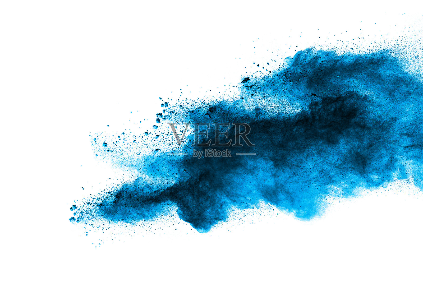 抽象的蓝色尘埃爆炸在白色背景。抽象的蓝色粉末飞溅在白色背景上。蓝色粉末飞溅冻结运动。照片摄影图片