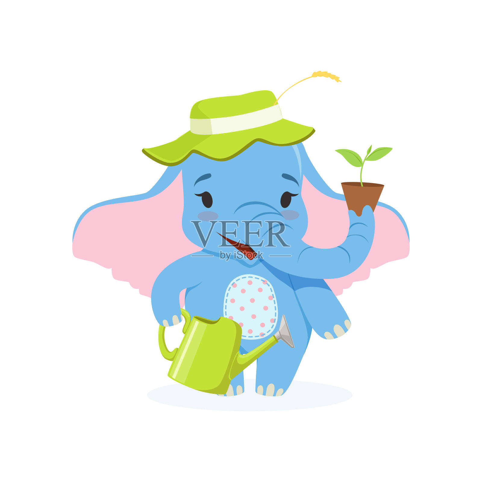 可爱的小象园丁，有趣的丛林动物人物站在喷壶和花盆矢量插图插画图片素材