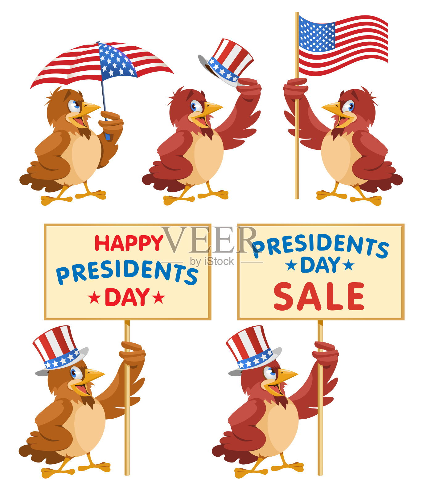 总统日快乐。总统日出售。一套卡通麻雀在爱国的帽子。卡通风格的矢量插图。元素分组。设计元素图片