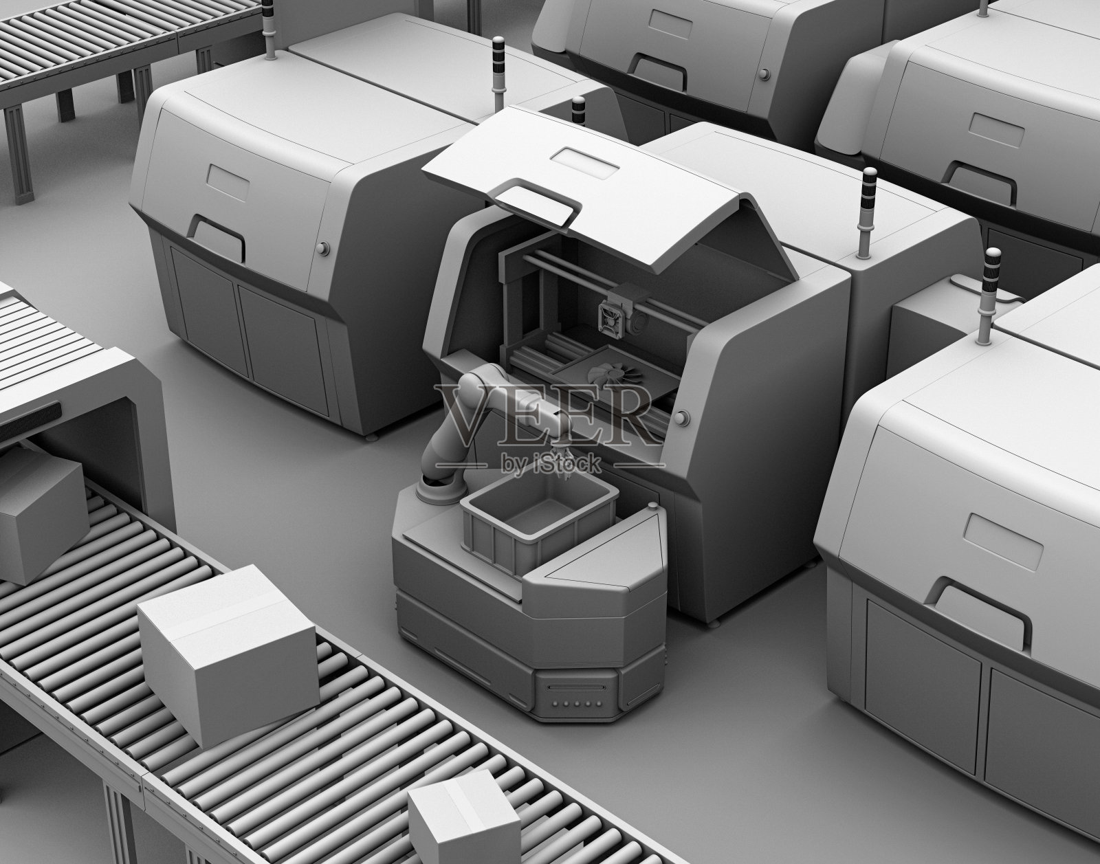 AGV从金属3D打印机拾取零件的模型渲染插画图片素材