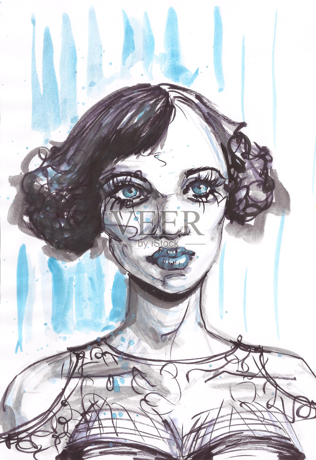水彩女子肖像与蓝色概念，时尚插图插画图片素材