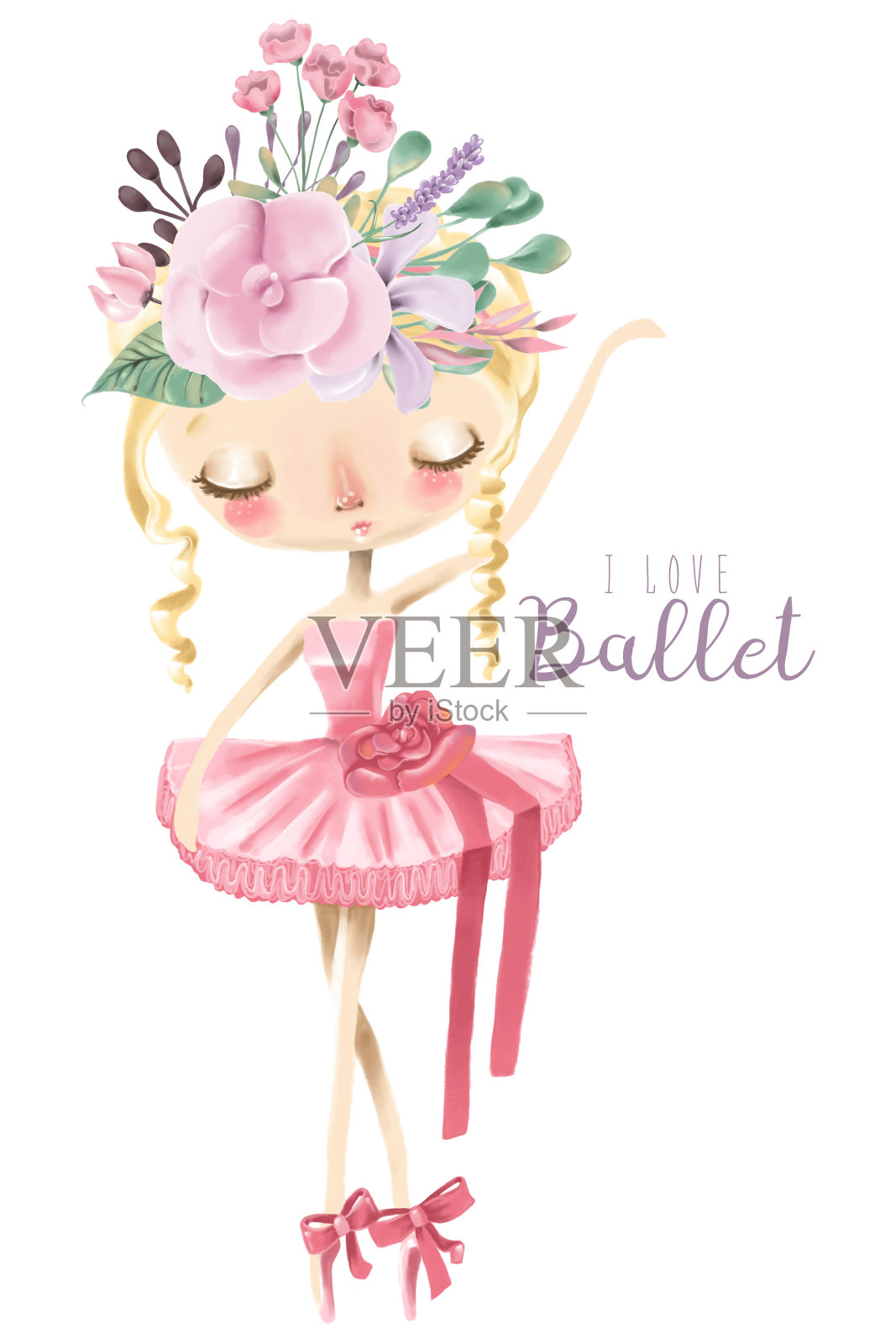 美丽的芭蕾舞女演员，手持鲜花的芭蕾舞女演员插画图片素材