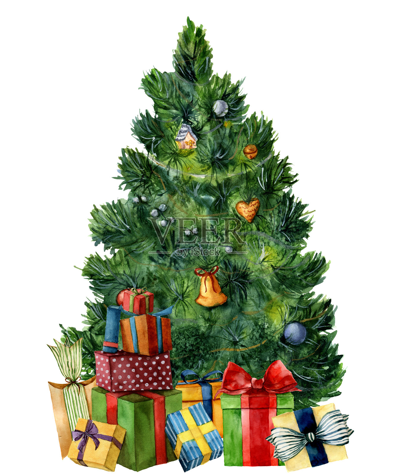 水彩圣诞树与礼物盒。手绘松树与礼物，玩具，铃铛和花环孤立在白色的背景。节日的象征。用于设计或印刷。插画图片素材