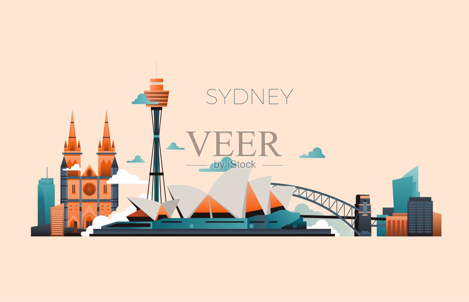 澳大利亚旅游地标矢量景观，悉尼歌剧院和著名建筑插画图片素材