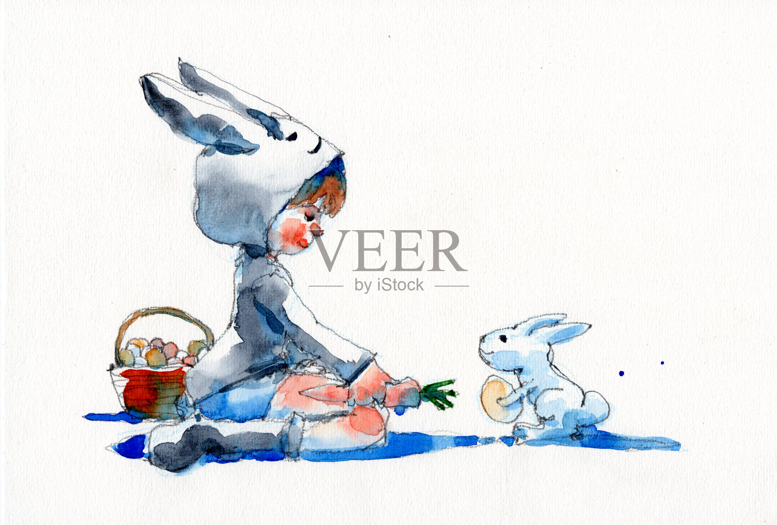 水彩画插图的女孩在兔子帽与篮子鸡蛋，手绘在纸上插画图片素材