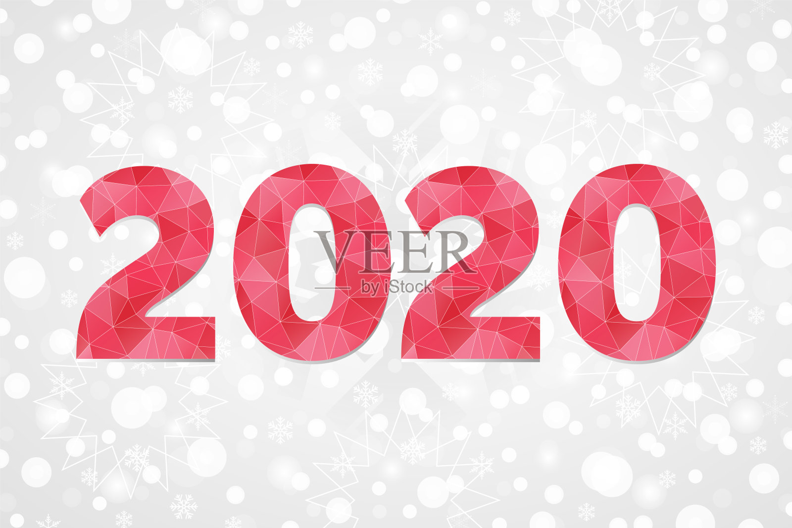2020多边形矢量符号。新年快乐抽象三角形插图。装饰红色几何图标在灰色的白色梯度背景与雪花，雪，火花插画图片素材