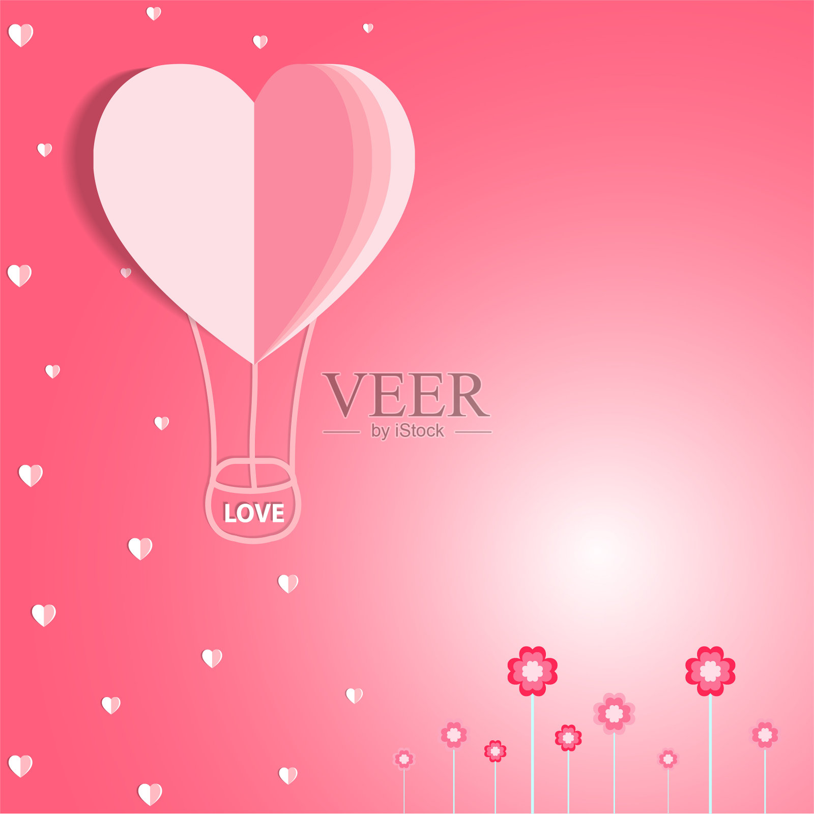 情人节的粉红色背景与心形气球纸图案插图。照片摄影图片