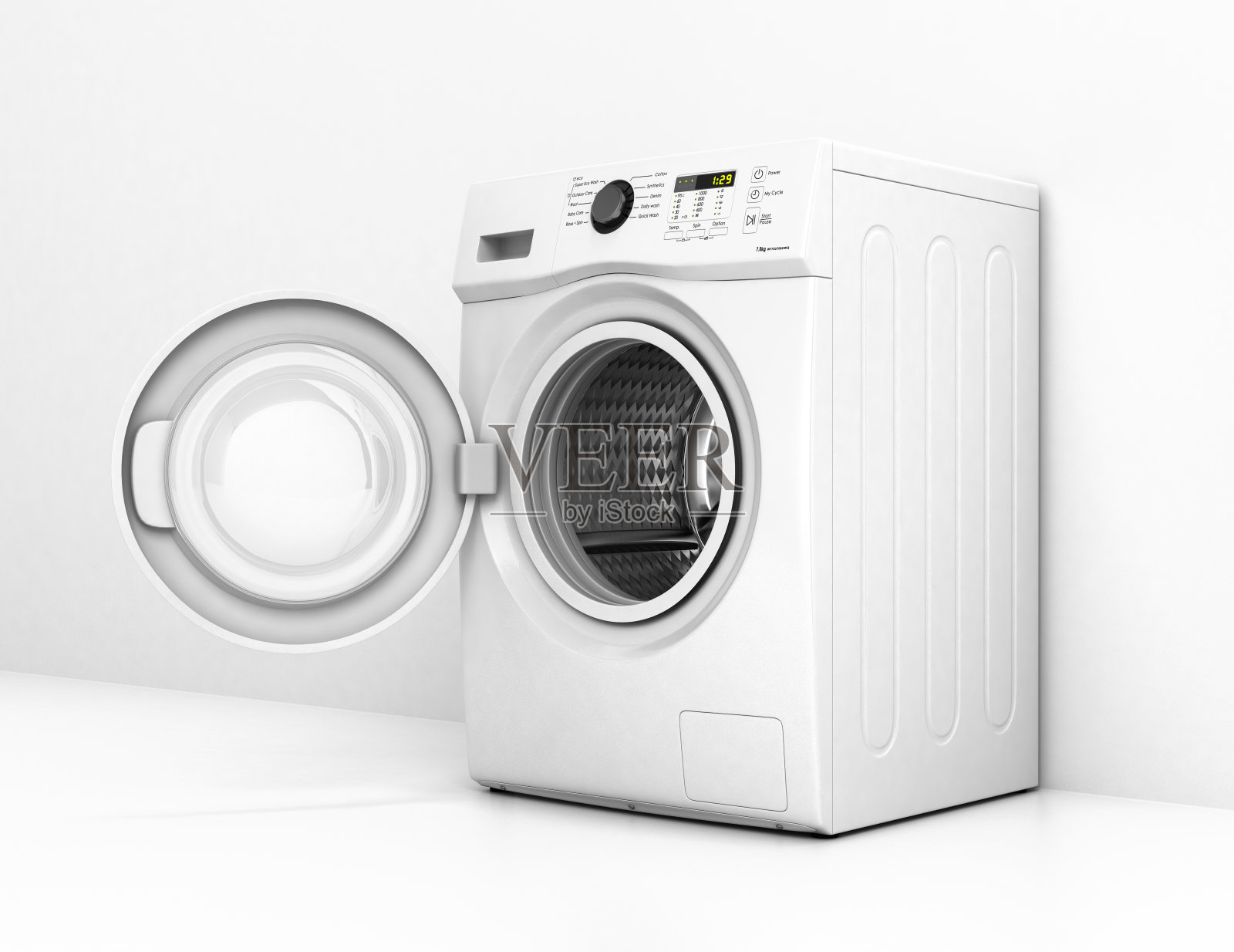 洗衣机与一个开放的门上的白色墙壁背景3d插图设计元素图片