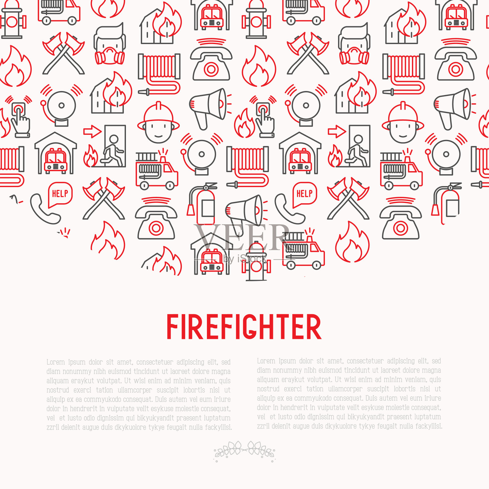 消防概念与细线图标:火，灭火器，斧头，软管，消防栓。现代矢量插图横幅，网页，印刷媒体。插画图片素材