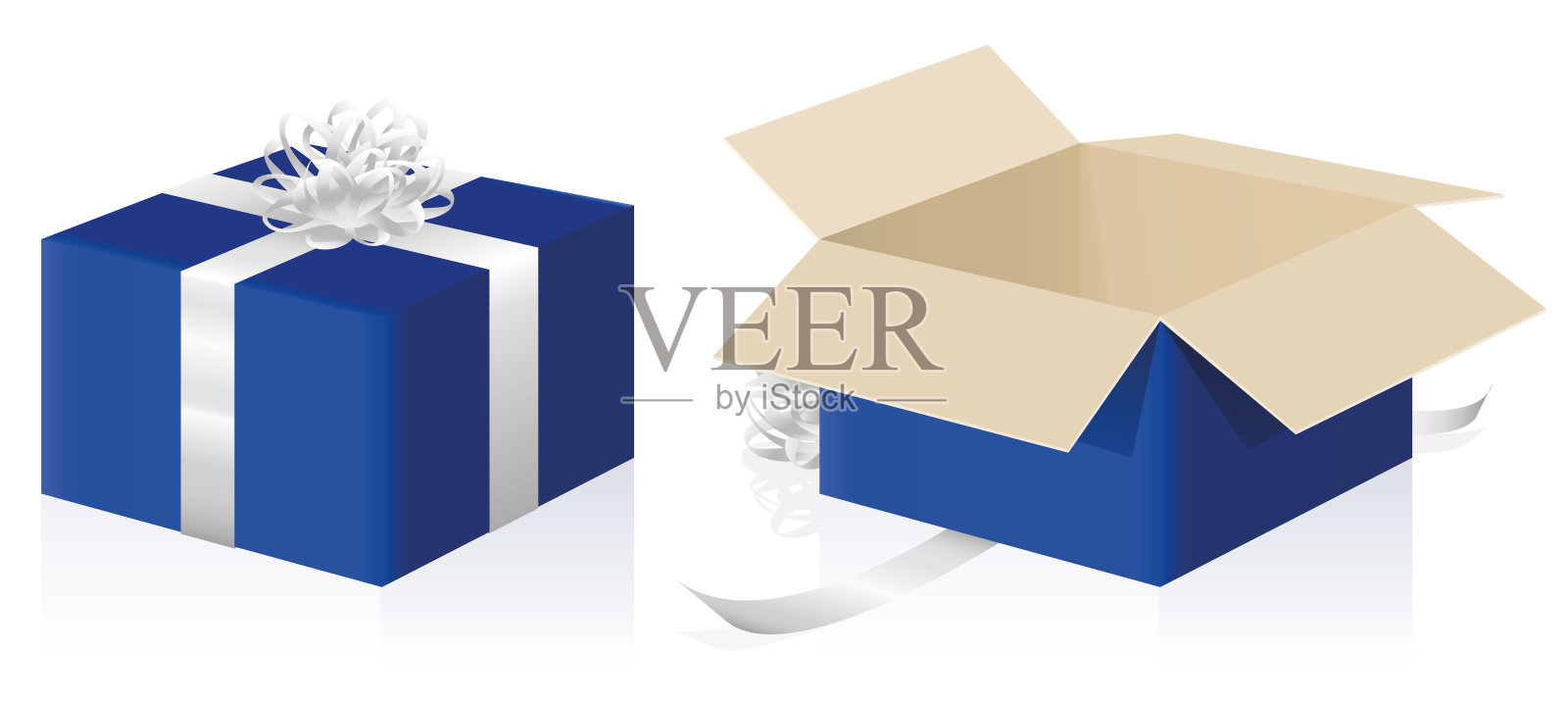 礼品包装，包装和打开蓝色包裹，关闭和打开的礼物纸箱- 3d孤立的矢量插图在白色的背景。插画图片素材