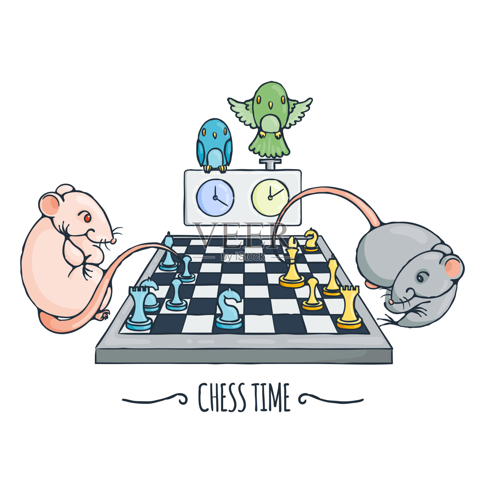 两只可爱的老鼠在下象棋，鹦鹉一边看一边变换时间。插画图片素材
