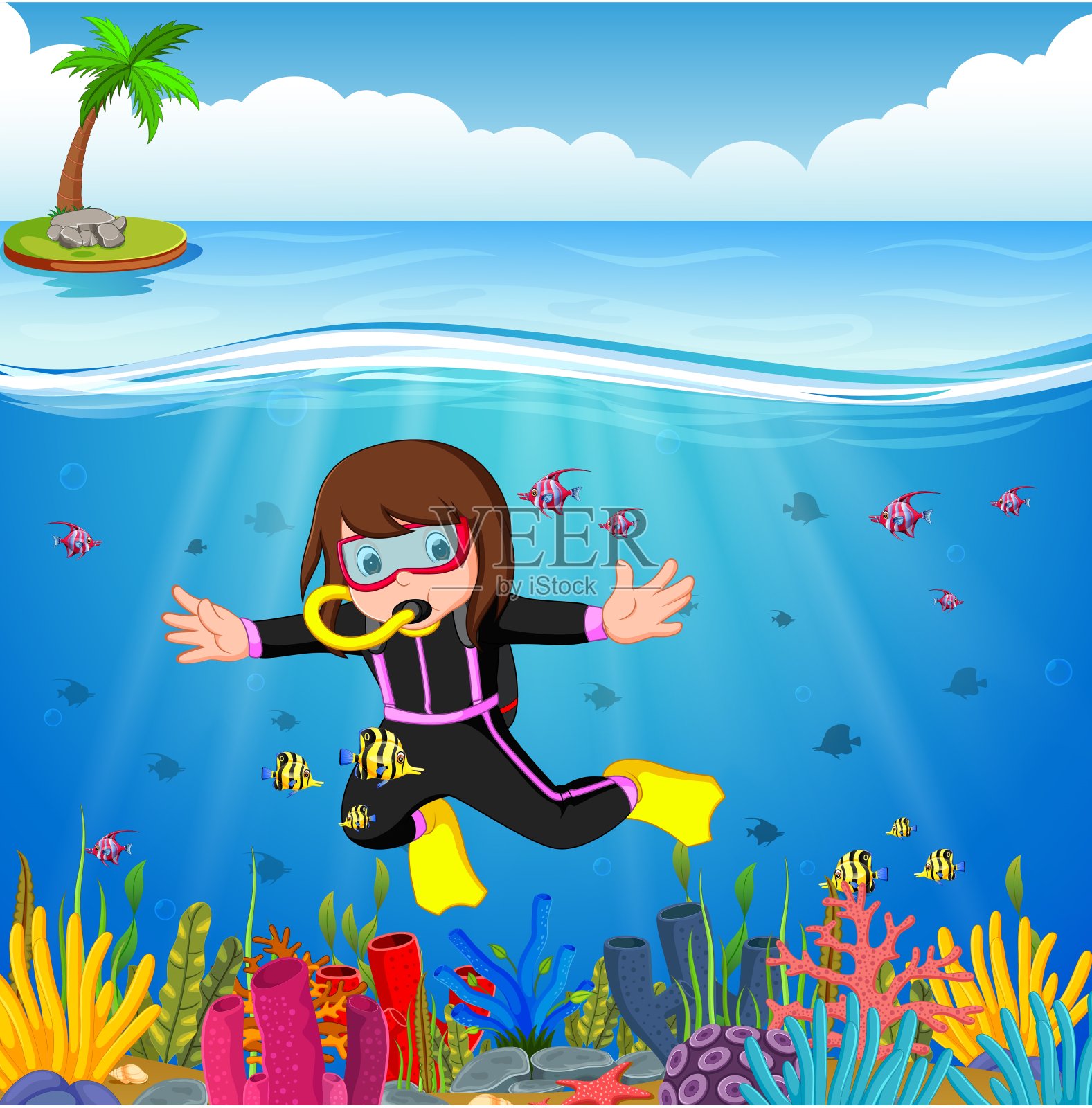 卡通女孩在海里潜水插画图片素材