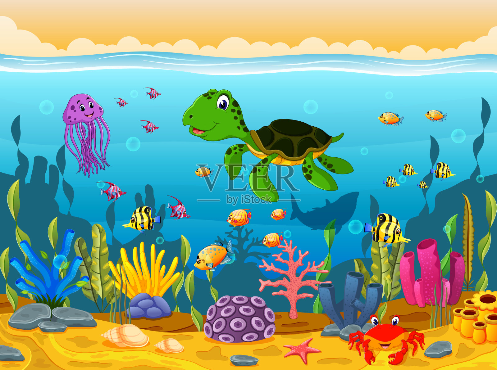卡通龟水下插画图片素材