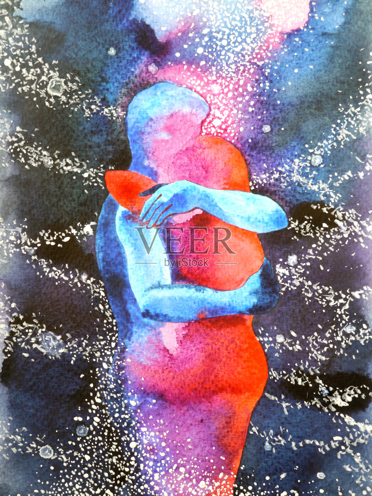 情侣情侣拥抱在宇宙抽象自由的心灵，在你的世界水彩画设计插画背景插画图片素材