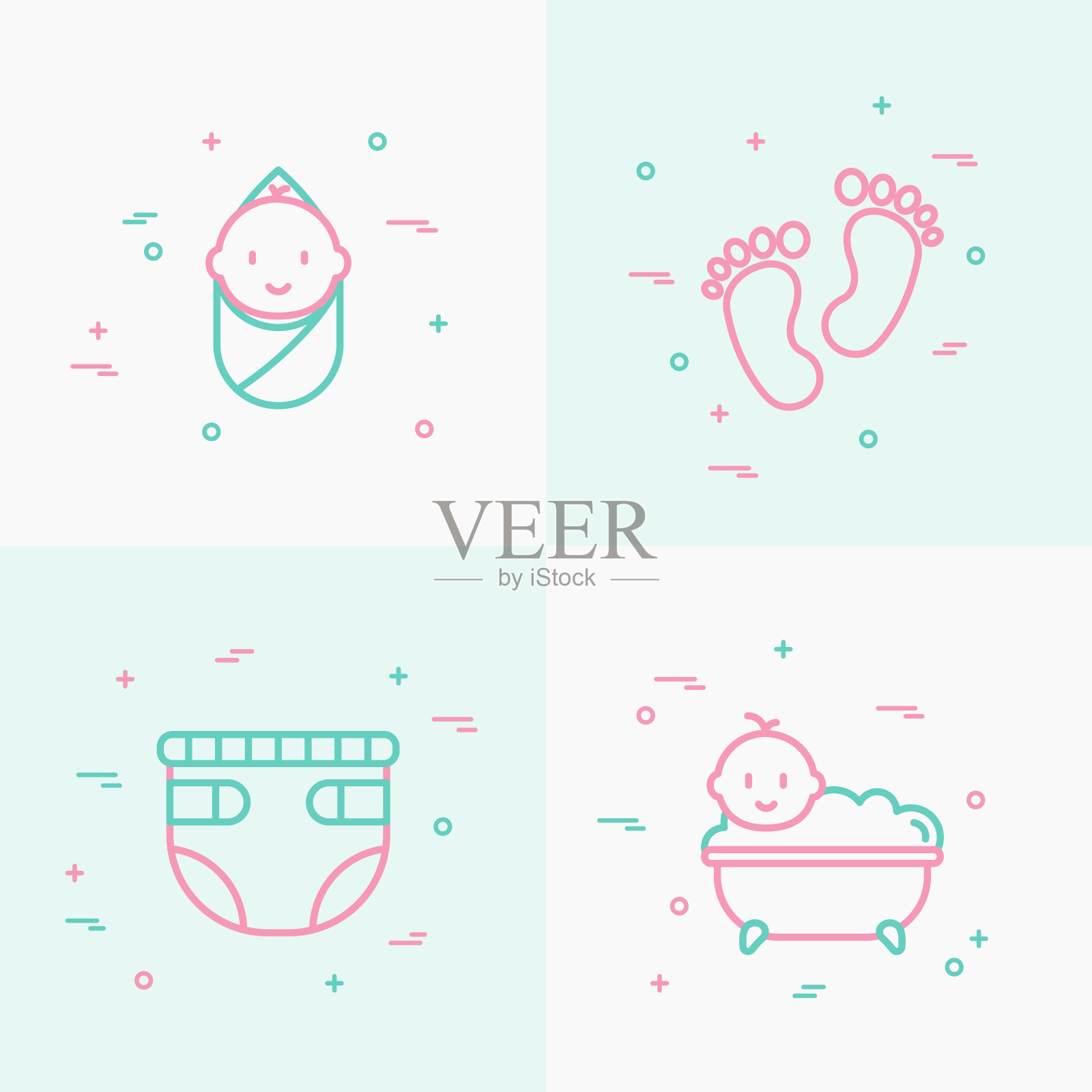 婴儿护理细线图标设置:新生儿，尿布，脚印，泡泡浴缸。现代向量插图。插画图片素材