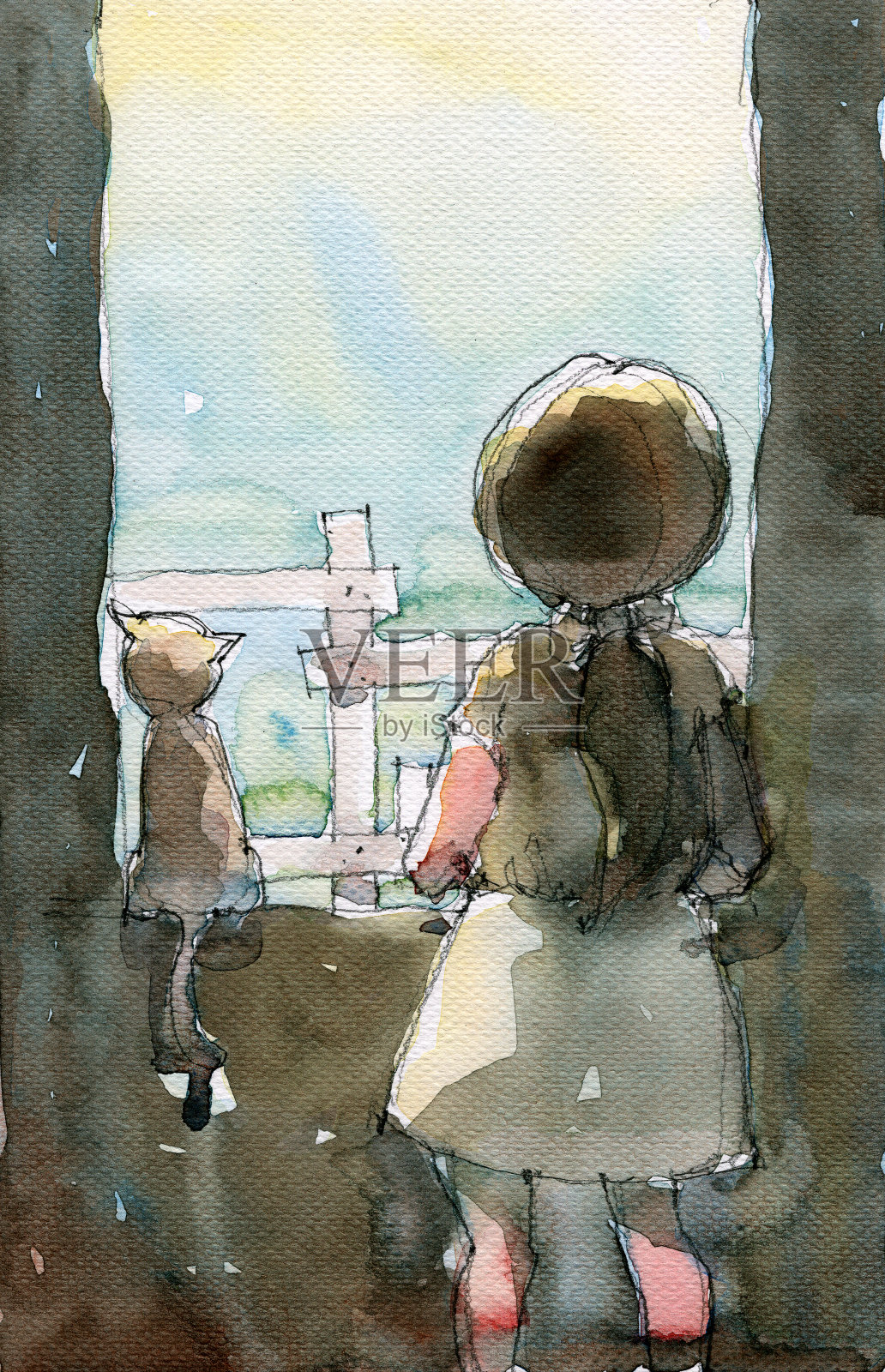 女孩和她的猫站在打开的窗口插画图片素材