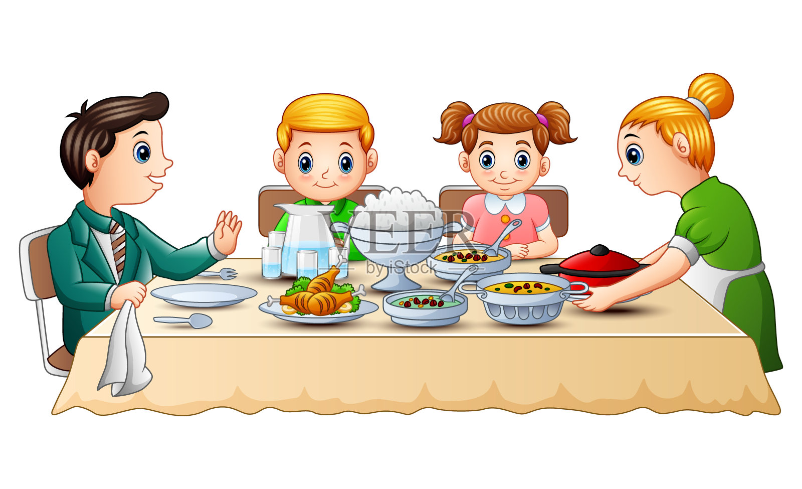 幸福的家人一起在餐桌上吃晚餐插画图片素材