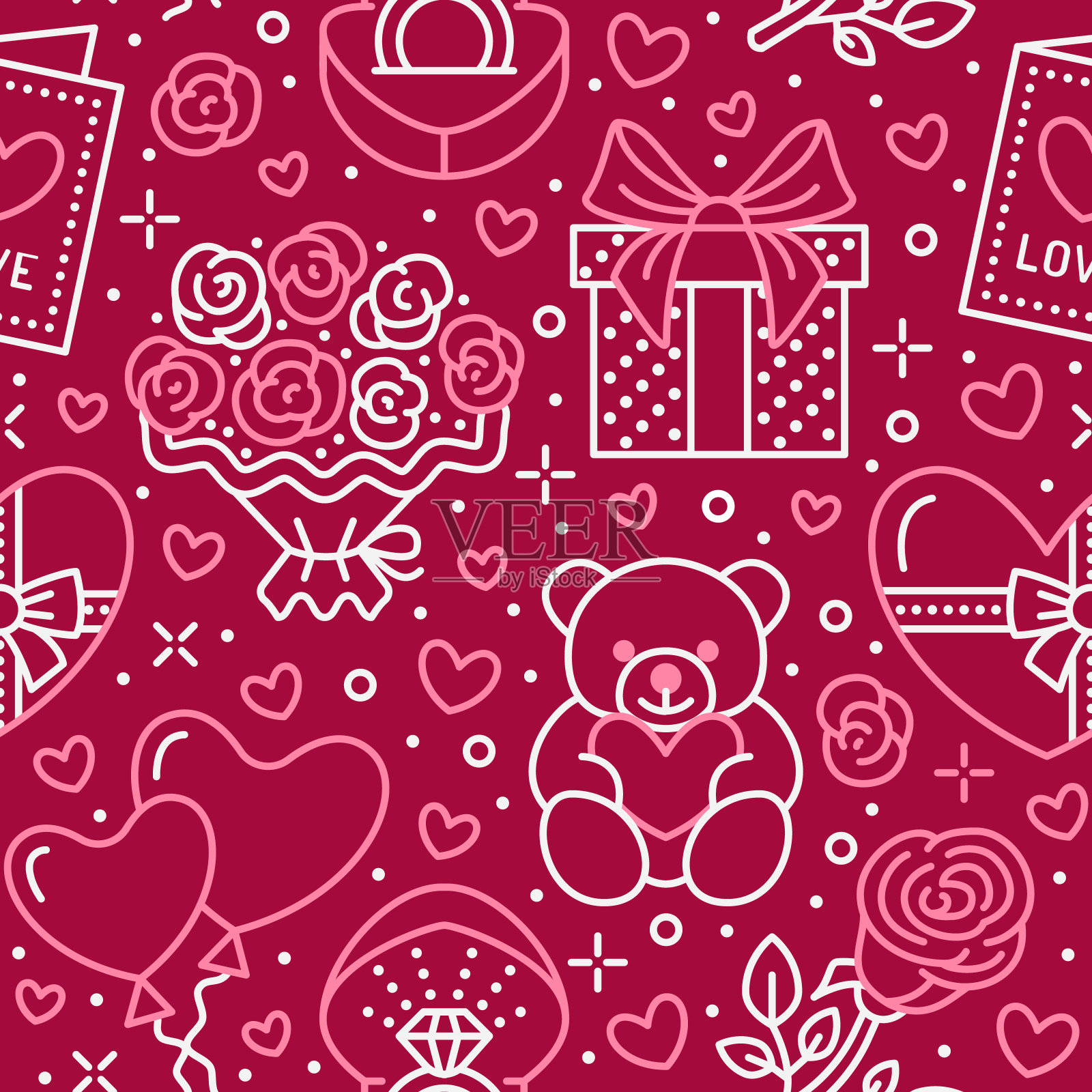 情人节粉色无缝图案。爱情、浪漫的象征——心形、巧克力、泰迪熊、订婚戒指、气球、情人节卡片、红玫瑰。2月14日庆祝活动的墙纸插画图片素材