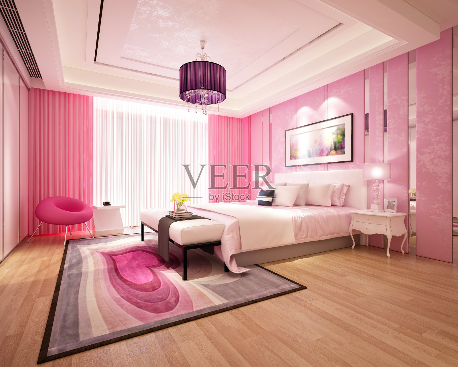 粉色时尚卧室的3D渲染插画图片素材