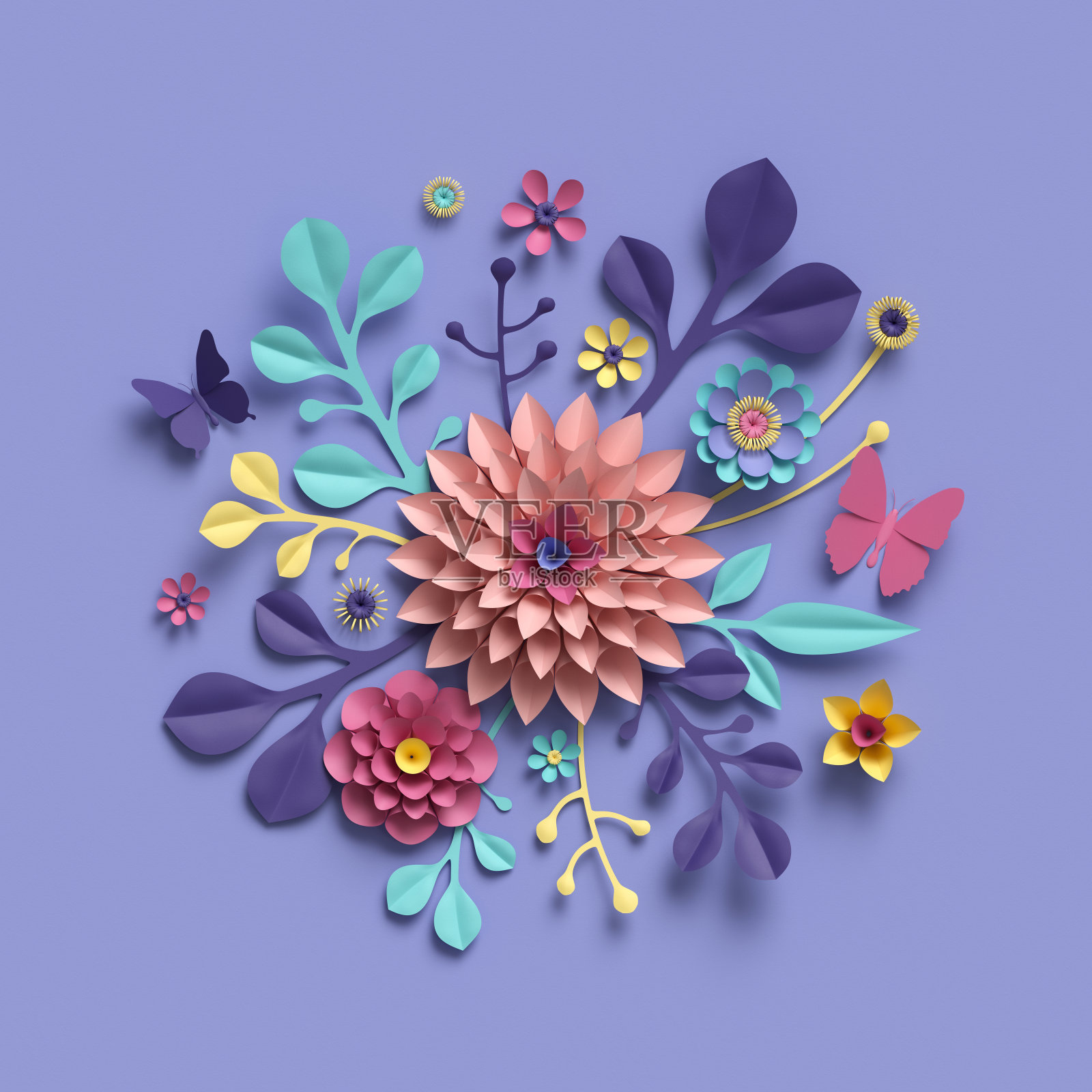 3d渲染，抽象的花卉背景，纸花，植物图案，新娘圆花束，纸工艺，糖果粉彩，明亮的色调调色板插画图片素材