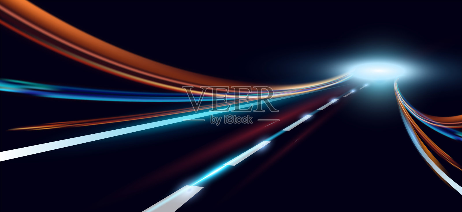 动态灯光的矢量插图。高速公路在夜间时段的抽象化。城市道路车辆灯光轨迹运动背景。插画图片素材