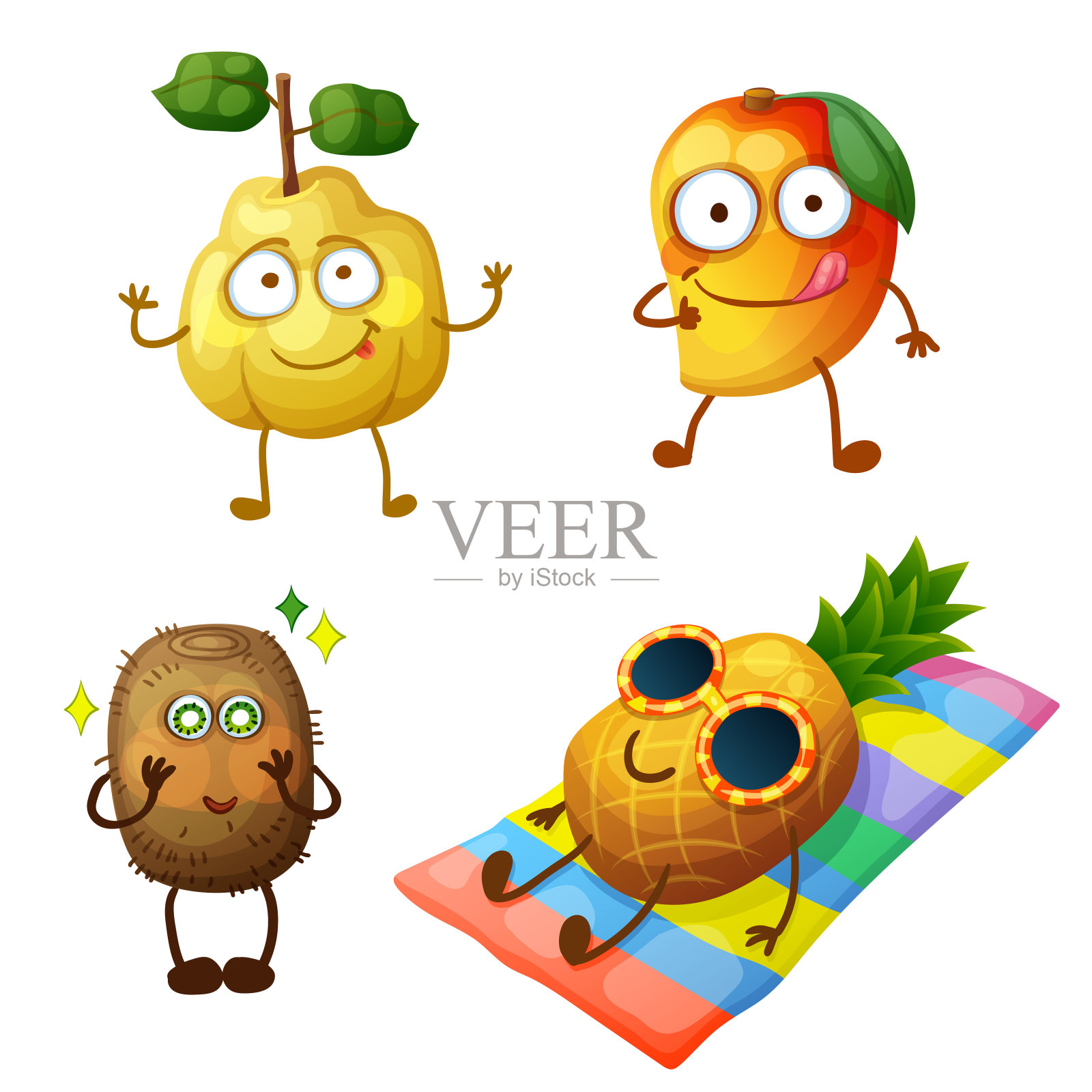 有趣的水果性状孤立在白色背景。emoji快乐的食物。卡通矢量插图:有趣的木瓜，凉爽的芒果，兴奋的猕猴桃，日光浴菠萝设计元素图片
