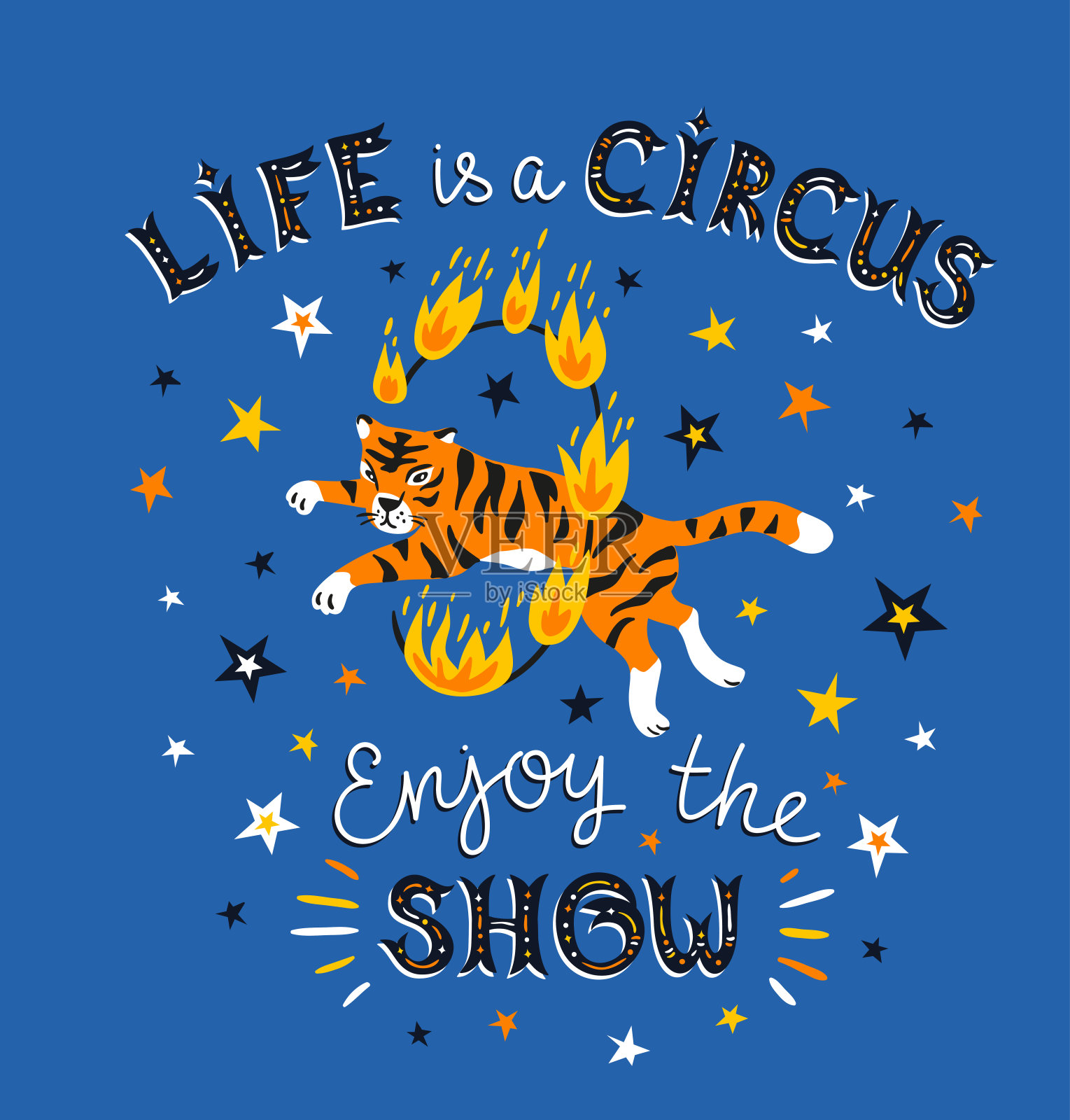 马戏团海报上的老虎跳在一个火环和文字-生活是一个马戏团，享受表演。明亮的手绘背景。插画图片素材