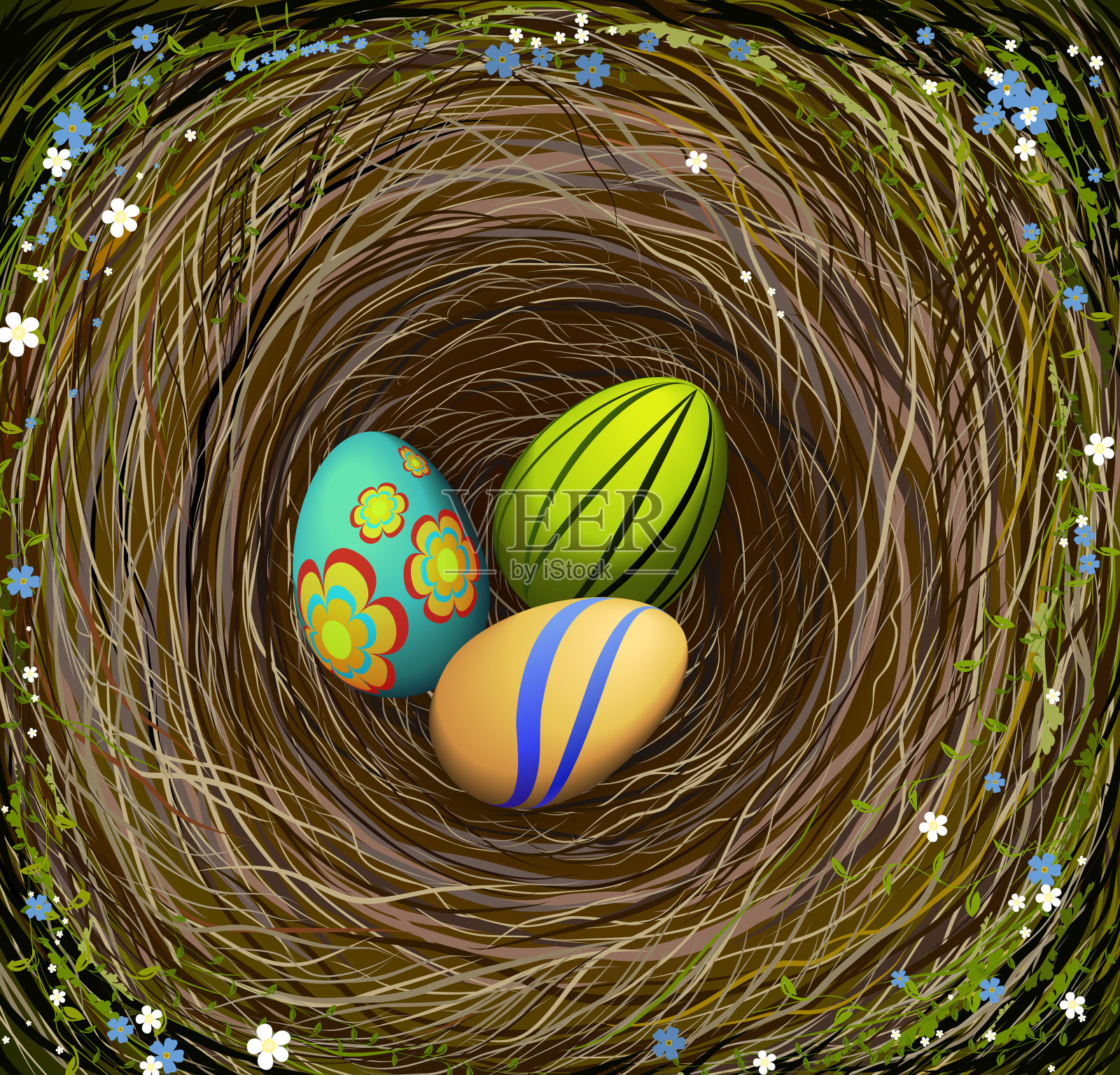复活节彩蛋的巢里有三种颜色，用干草，用蓝色和白色的花朵装饰，复活节构图，插画图片素材