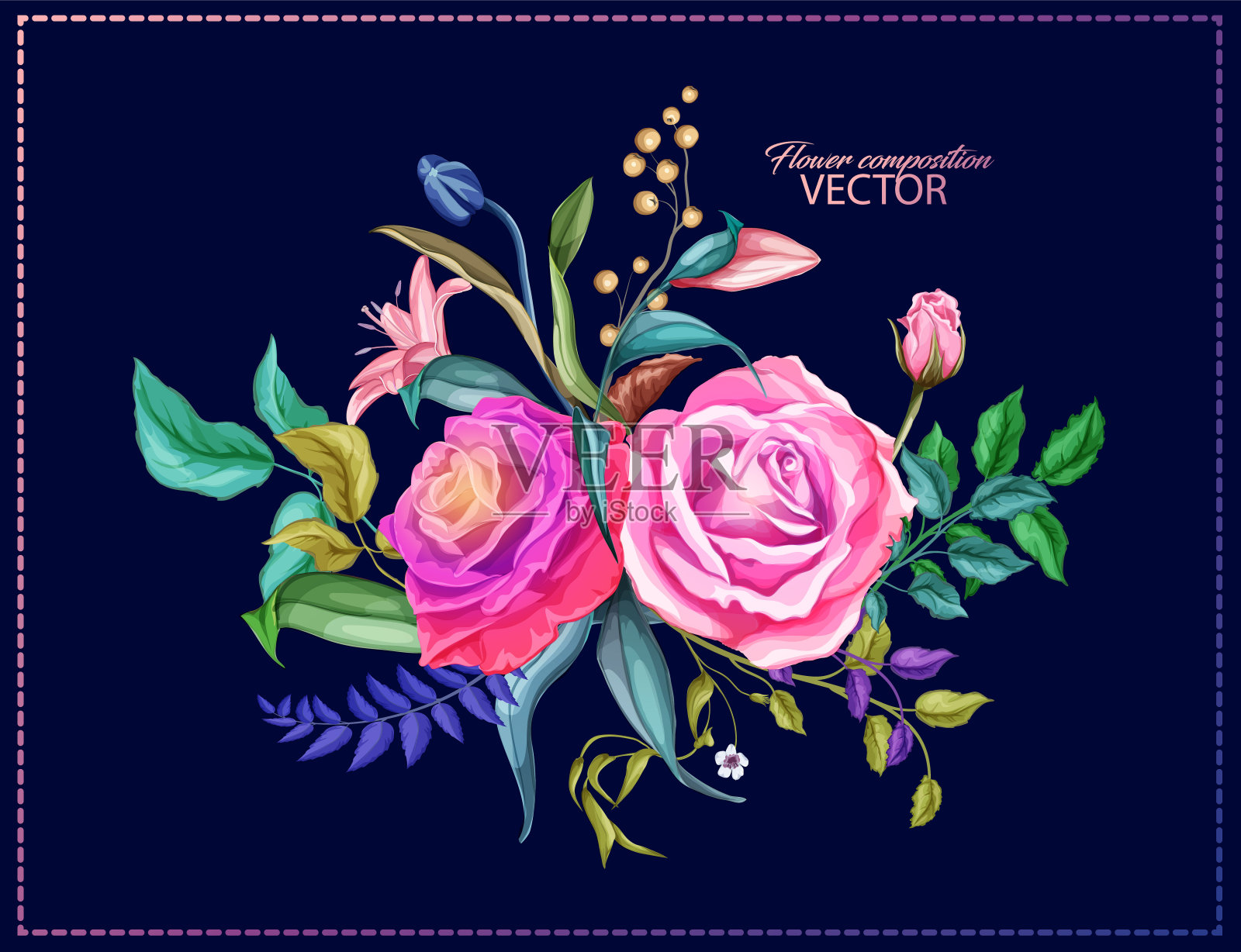 矢玫瑰百合花，叶子花束图案插画图片素材