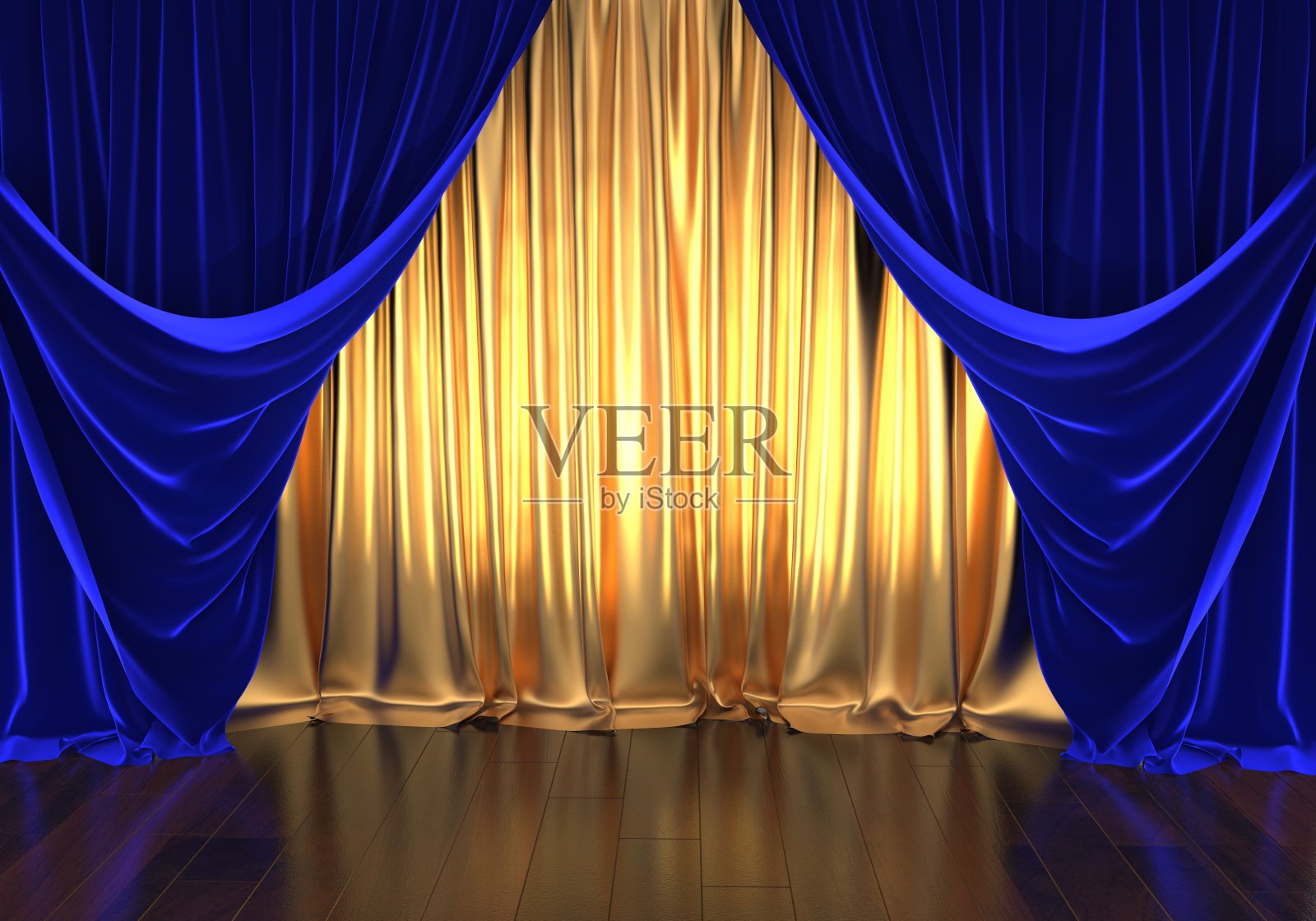 舞台，金色的窗帘和蓝色的天鹅绒插画图片素材