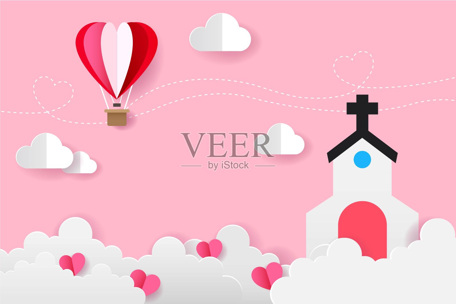 折纸气球在天空和教堂在云，爱和情人节矢量插图纸艺术插画图片素材