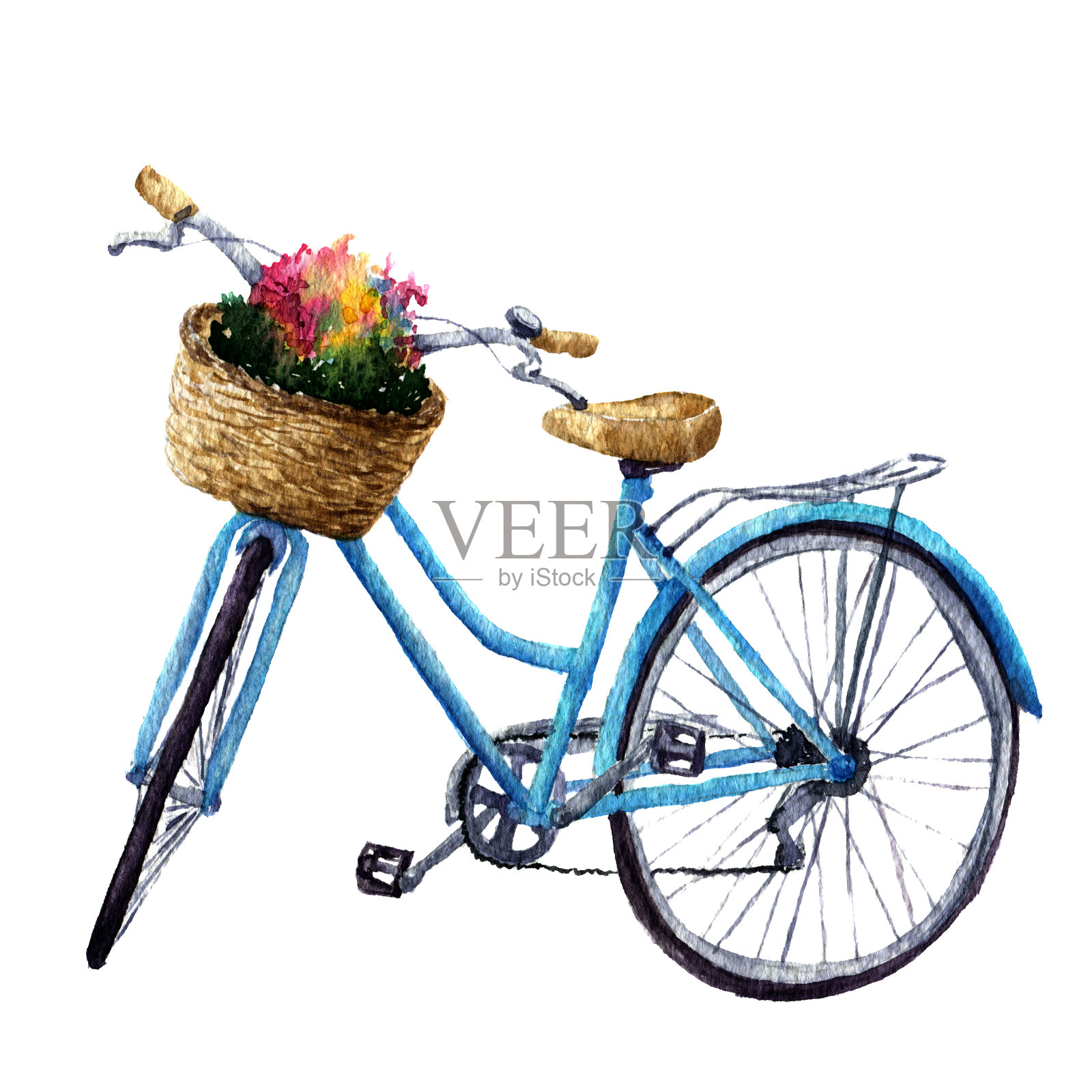 水彩画自行车与鲜花篮。夏季插图孤立在白色背景。为设计，印刷或背景设计元素图片