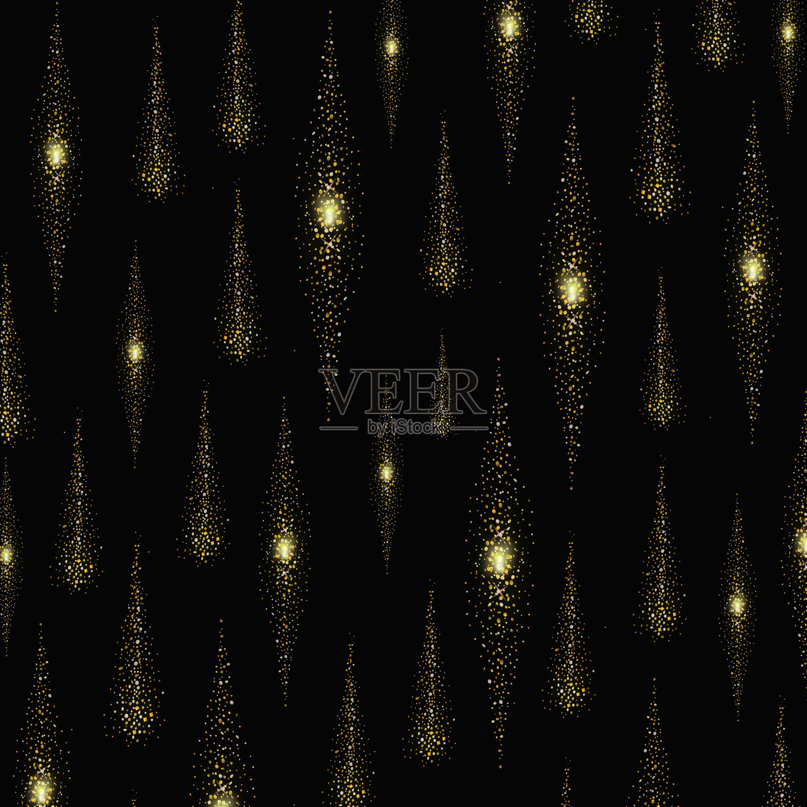 发光闪闪的灯光线条上的黑色背景圣诞装饰设计元素。闪闪发光的金色雨插画图片素材