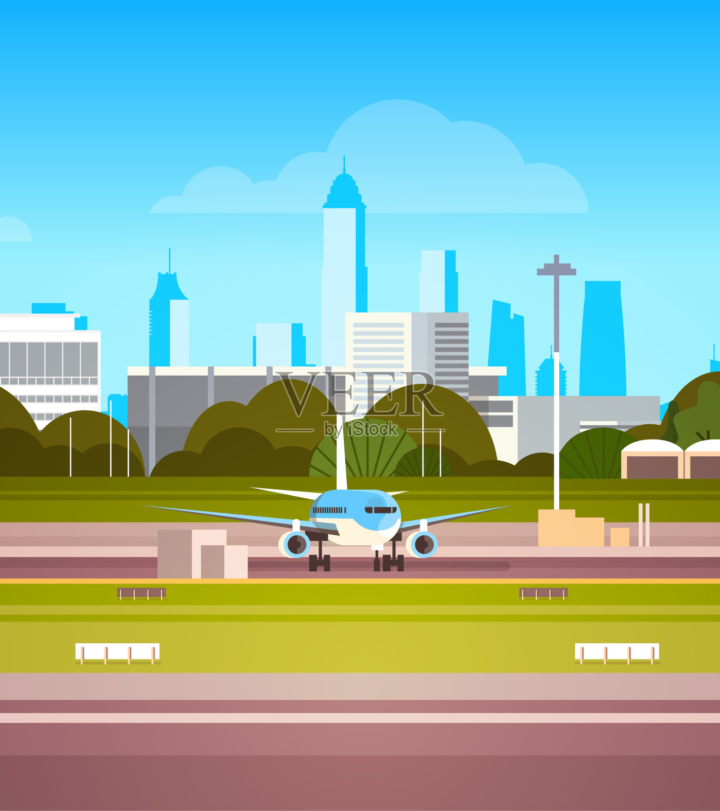 机场航站楼与飞机跑道起飞前在现代城市背景插画图片素材