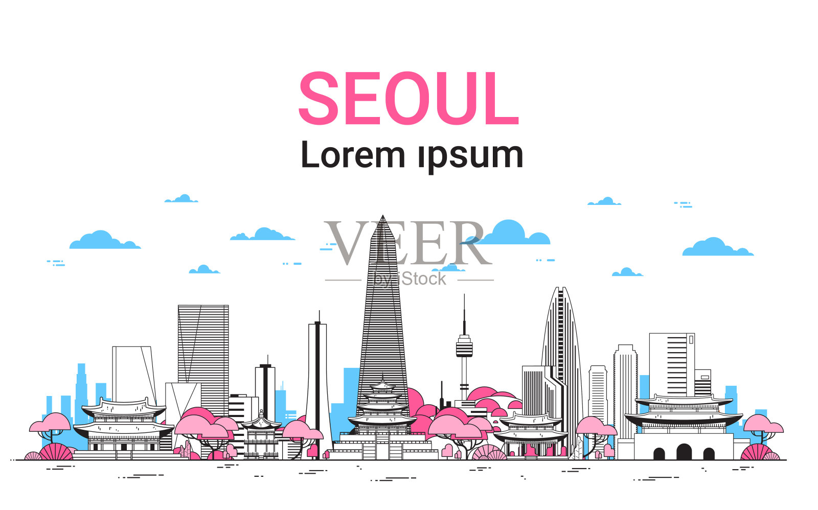 首尔城市背景天际线韩国视图与摩天大楼和著名地标模板横幅与复制空间插画图片素材