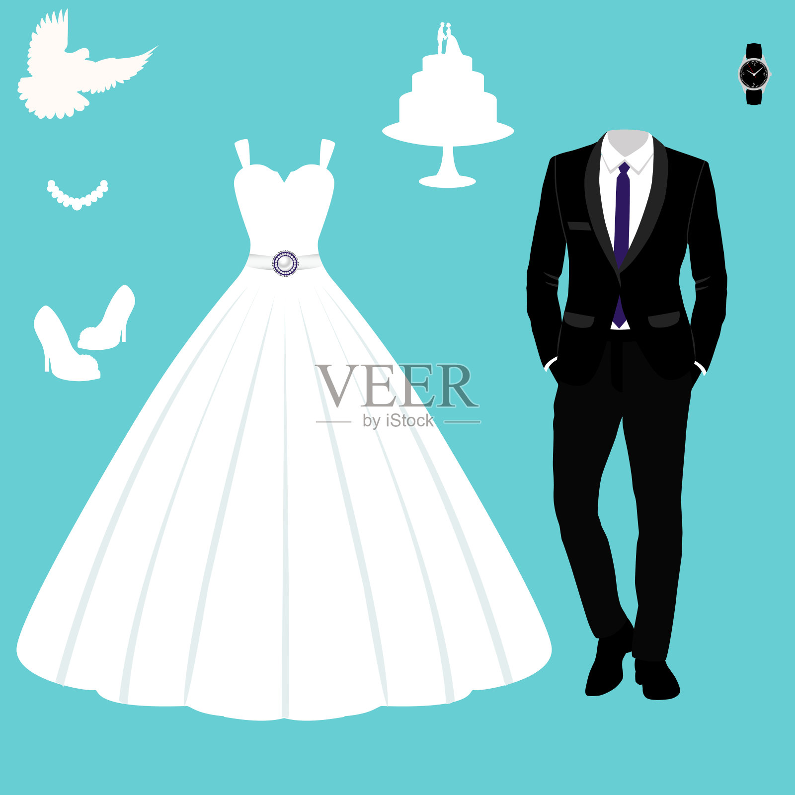 婚礼卡片与新娘和新郎的衣服。插画图片素材