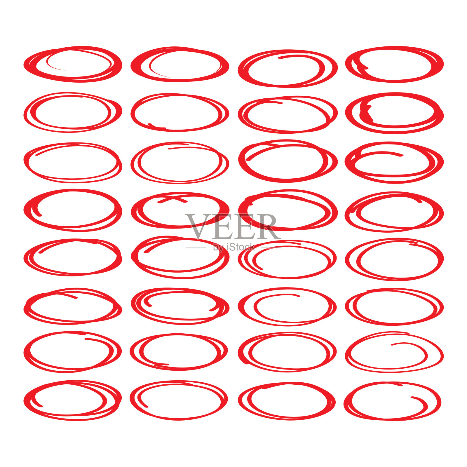 大型收藏红色椭圆，高亮圆，红色笔画标记，红色圆形状集。插画图片素材