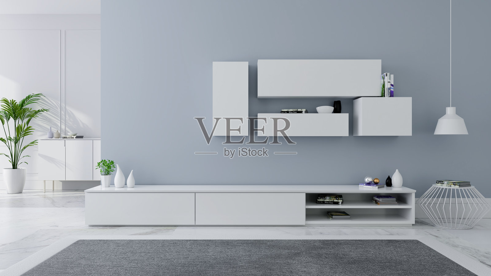 电视柜室内设计现代而舒适的理念，灰色墙壁上的白色餐具柜，可折叠的地板和灰色的地毯，3d插图照片摄影图片