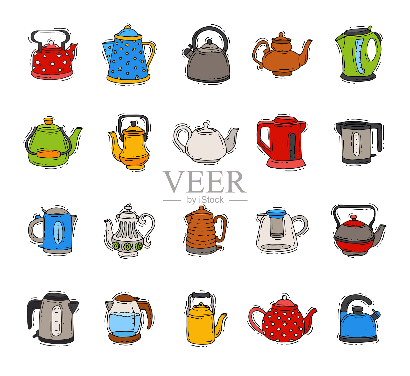 茶壶和水壶矢量茶壶在茶时间喝茶和煮咖啡饮料在电锅炉在厨房插图厨房用具设置孤立在白色背景插画图片素材