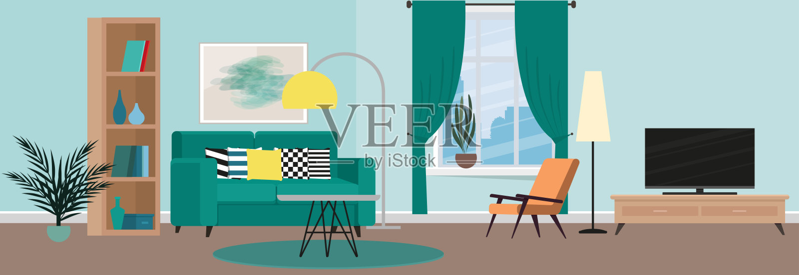 客厅的设计与时尚的家具。矢量插图的一个平坦的风格插画图片素材
