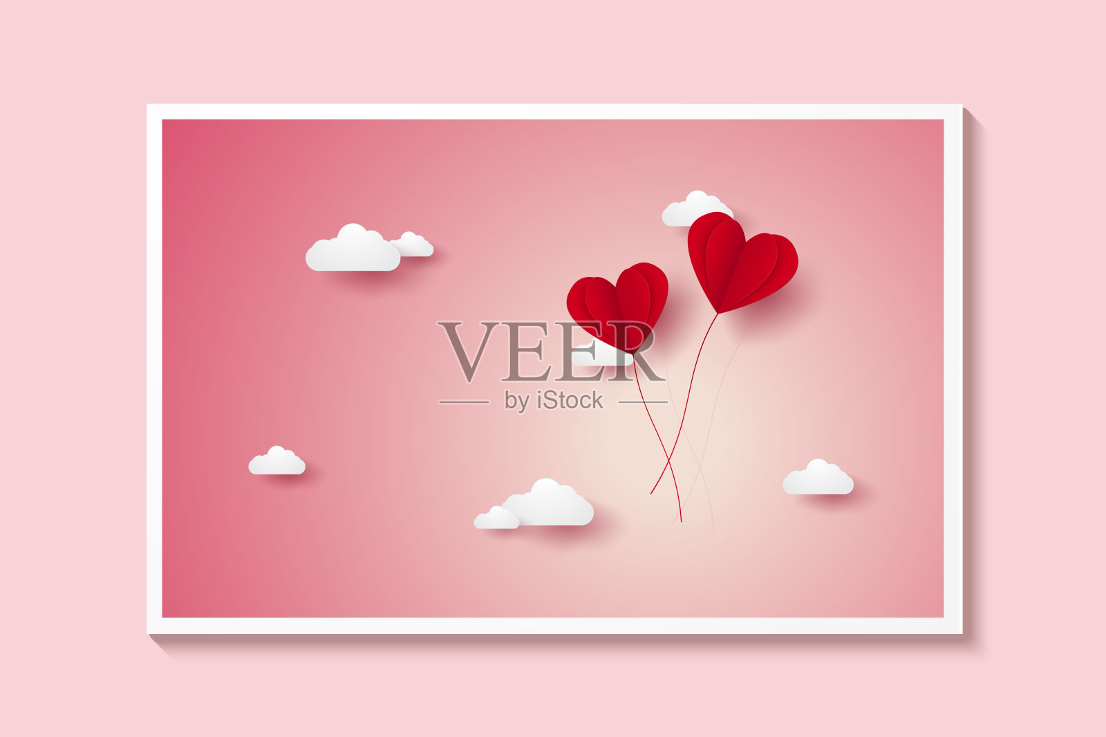 情人节，爱的插画，在天空中飞翔的红心气球，纸艺术风格插画图片素材