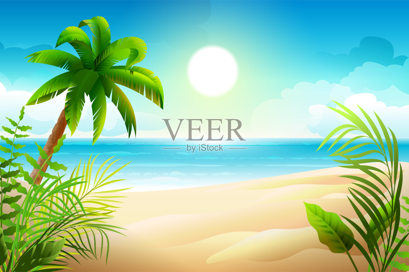热带沙滩上的晴天。棕榈树和海洋天堂假日插画图片素材